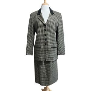 Vintage Tailor Flex Black Taupe Plaid Tweed Blazer Skirt Suit USA 12 Lady Boss